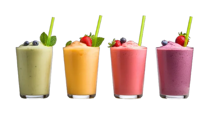 Reihe gesunder Smoothies aus frischem Obst und Gemüse mit verschiedenen Zutaten, serviert in Glasflaschen mit isolierten Strohhalmen