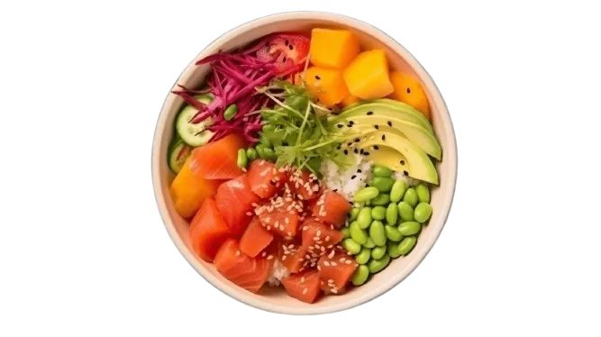 Hawaiianisches Poke-Bowl-Set von oben mit einer Auswahl an frischen Zutaten.