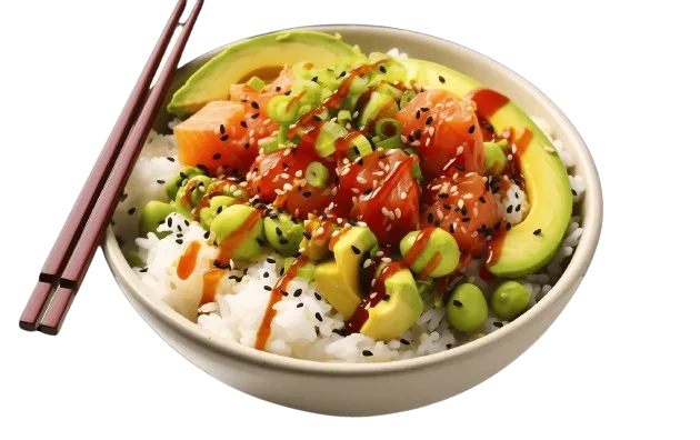 Hawaiianisches Poke Bowl-Set, Thunfisch, Lachs, Garnelen mit Avocado.