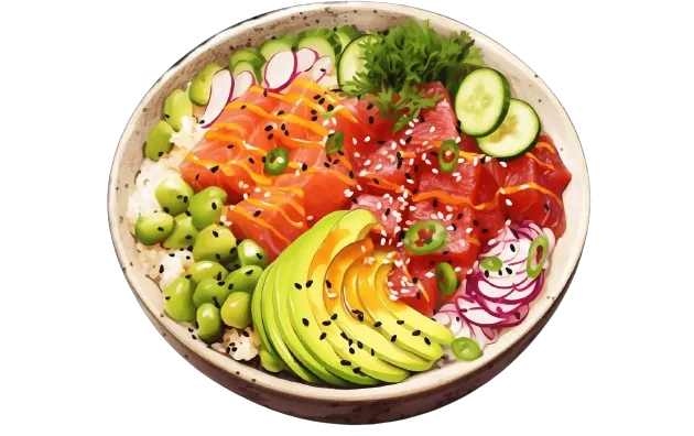 Hawaiianisches Poke Bowl-Set, Thunfisch, Lachs, Garnelen mit Avocado.